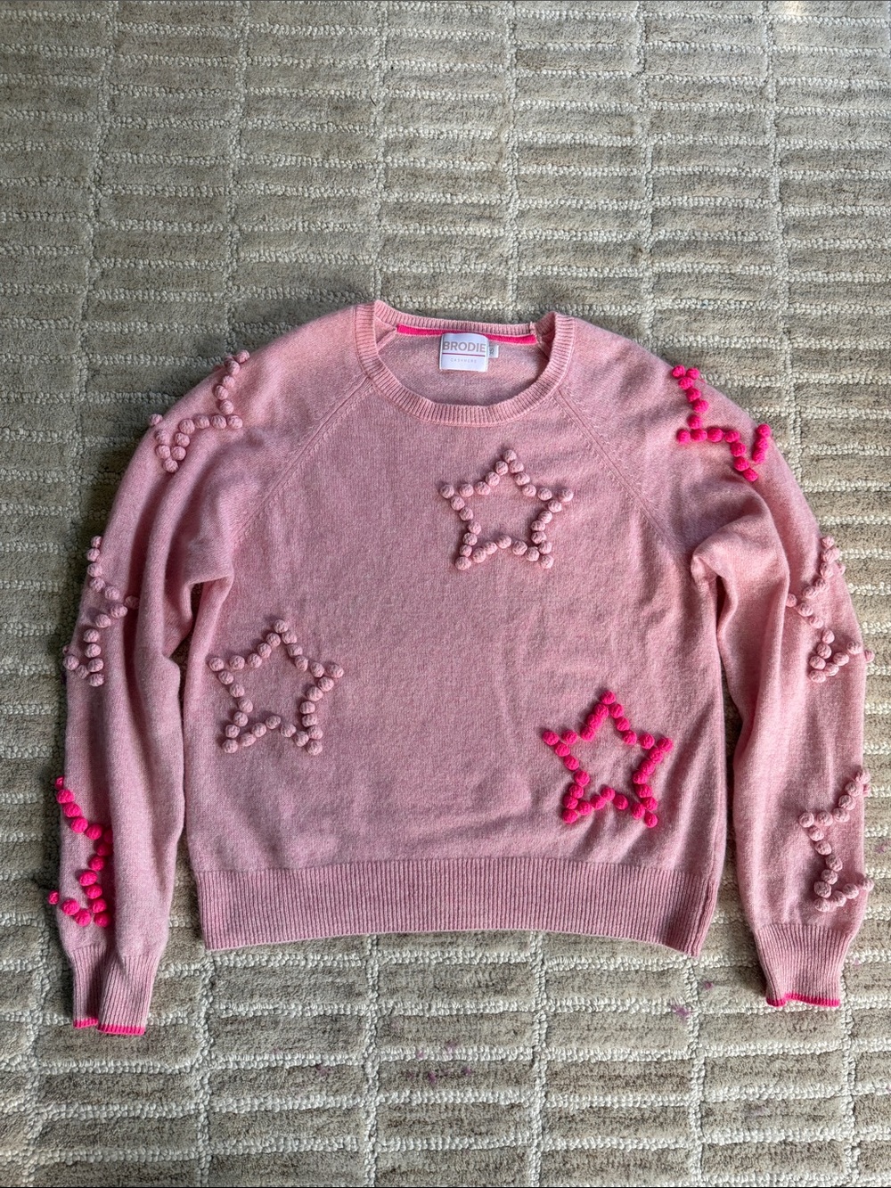 Brodie Cashmere Pink Star Pom-Pom Crewneck Sweater